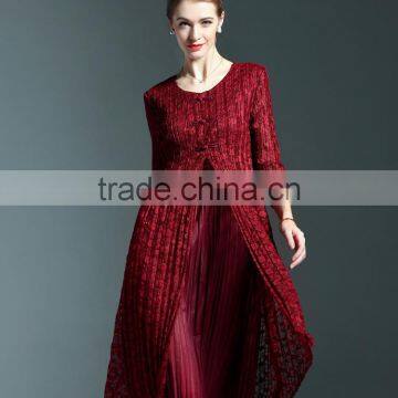 Chinoiserie Ladies Pleat Fake Two Pieces Lace Spliced Dress photo-4