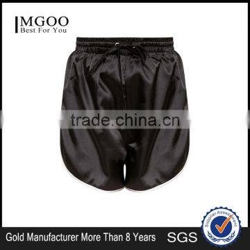 High Waist Women Plain Black Satin Contrast Binding Runner Shorts With High Curved Side