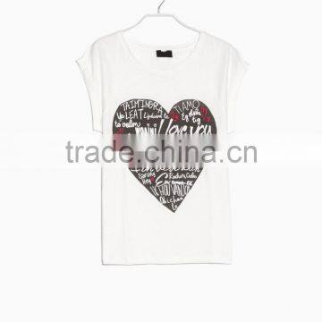 Sweet Teen Girls Heart Print Rolled-up Sleeves White Korean Fashion Cotton T Shirt photo-3