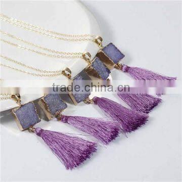 New Fashion Natural Quartz Crystal Druzy /Drusy Necklace Link Cable Chain Gold Plated Purple Square Pendant Tassel photo-3