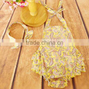 Yellow Floral Printed 100% Cotton Ruffles Princess Baby Romper