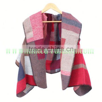 JYS151 Red grid knitted poncho pashmina scarves and shawls