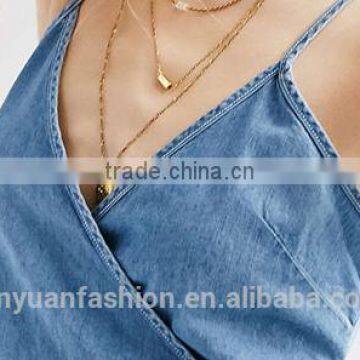 Apparel Denim Sexy Blue Plunge Neck Dress Spaghetti Strap Sashes Wrap Dresses Backless Sleeveless Street A-line Dress photo-3