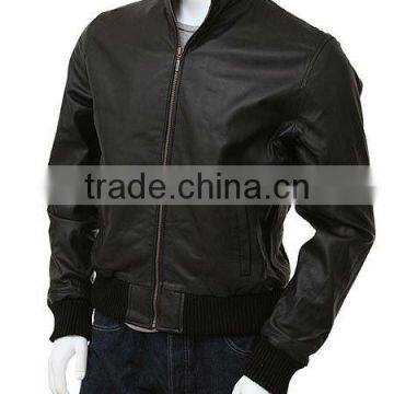 Men's Black Leather Collar Bomber Jacket