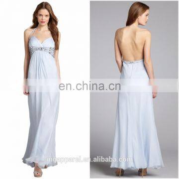 Fashion woman dress ladies long evening party wear gown white silk embellished backless evening gown chiffon evening dress 2015