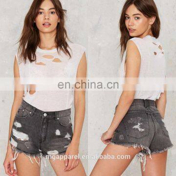 Wholesale women summer shorts high waisted grey distressed denim shorts