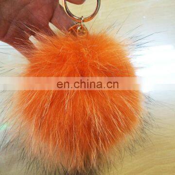 Orange color full real fur pompom/ball metal key chain bag charm wholesale