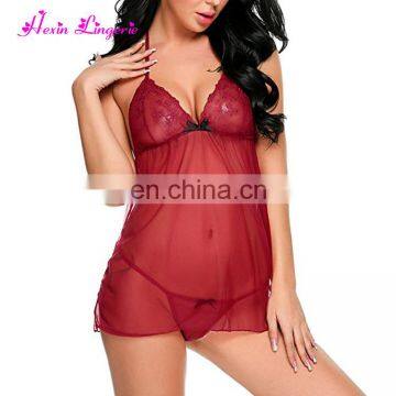 China Hexin Red Halter Neck Floral Lace Cups Plus Size Lingerie Set