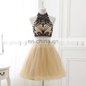 New Fashion High Neck Open Back Two-Piece Champagne Tulle Beaded Short Cocktail Dress Cocktail Dresses LX339