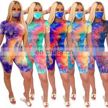 Summer Women set 2 Piece Sexy Streetwear Festival Clothes Tie Dye Two Piece Outfits With Face Cloth  Tracksuit Sportswear