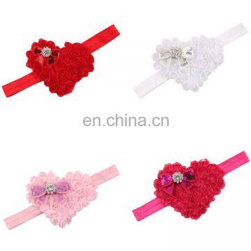 Pink Red Heart Shape Rose Flowers with Sequins Bows Rhinestones Chiffon Soft Hair Bands Girls Headbands Accessories Valentines