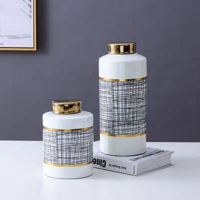 European Entery Luxury Style Graffiti Painting Straight Cylinder Ceramic Flower Vases With Lid For TV Stand photo-4