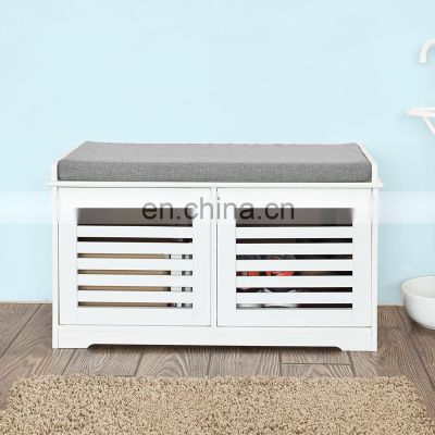 White Shoe Cabinet  Storage Bench with 2 Drawers and Removable Seat Cushion