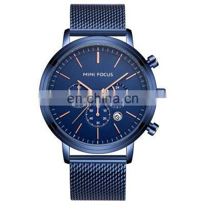MINI FOCUS 0297G Fashion Men's Wrist Watches Luxury Design Quartz Watch Men 30m Waterproof Blue Stainless Steel Watch photo-2