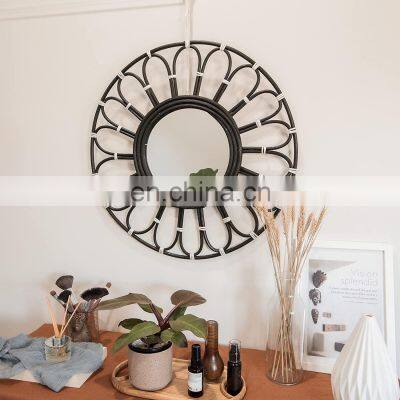 Hot Sale Black Rattan Round Flower Mirror Wall-Mounted Creative Art Decor Hallway Bathroom Living Room