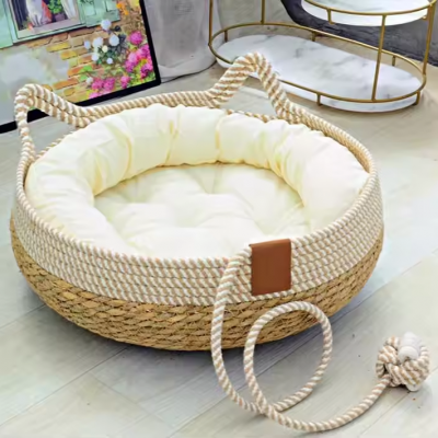Removable Woven Cat Bed Upholstery Sleeping House Cat Scratch Floor Rattan Wear-resistant Washable Cat Cave Pet Supplies