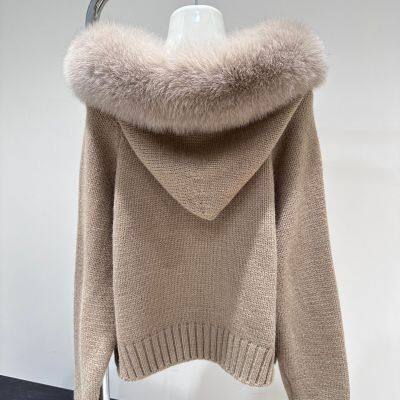 New Sweet Buttery Real Fur Big Fox Fur Collar Autumn and Winter Thick Knitted Sweater Young Fur Coat Cardigan Pull photo-4