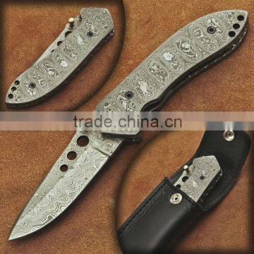 udk f20" custom handmade Damascus pocket knife / folding knife with full Damascus steel handle