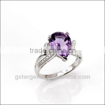 925 Sterling Silver Natural Gemstone Amethyst Rhodium Plated Jewelry CZ Ring