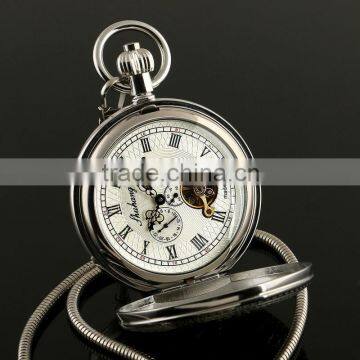 ESS Silver Skeleton Mechanical Pocket Watch Fashion Enamel Pocket With Chain WP134