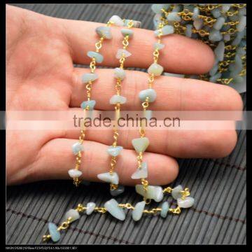 LFD-009C ~ Wholesale Gold Plated Amazonite Stone Chips Beaded Wire Wrapped Rosary Chains Natural Chip Stone Rosary Chains