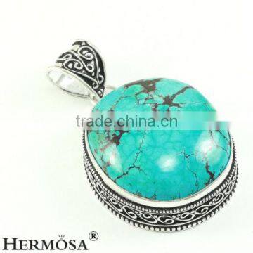 925 Sterling Silver Vintage Blue Turquoise Oval Solitaire Jewelry Pendant