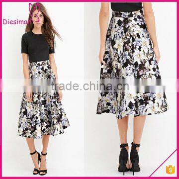 Contemporary Allover Floral Tropical Print Fabric A-Line Midi Skirt Latest Long Skirt Design 2016