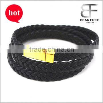 Personalised Multilayer Black Leather Mens Bracelet Free Engraving Stainless Steel Clasp