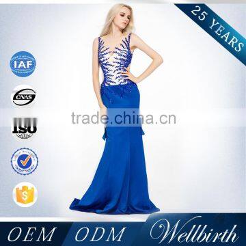 Latest Backless Tight Beaded Blue Long Cocktail Party Dress