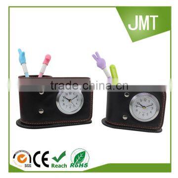 Wholesale pu leather handmade pen holder with clock