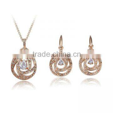 2015 woman brand wedding gold jewelry water drop pendant hollow out crystal necklace earring sets