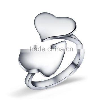 Rellecona hot selling silver plated adjustable size rings double heart shape jewelry