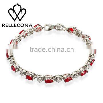 Rellecona (TM) ruby bracelet red oval cubic zirconia inlaid micro white gemstone white gold plated bridal bracelet