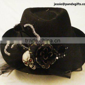 Fashion felt-cloth Black top hat with glittered rose and lace