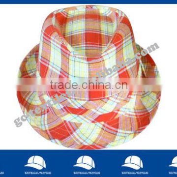 red&checked fedora hat