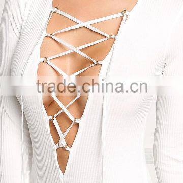 MGOO High Quality Women Long Sleeves Lace Up Bodysuit Low Back Off Plain White V Neck Rib 95% Cotton 5% Spandex photo-3