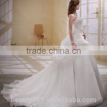A-Line Satin/Organza Strapless Pearls Beaded Long Trail Gown Wedding Dress Ball Gowns Bridal Gowns photo-4
