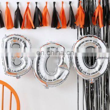 Balloon Banner with Tissue Paper Tassel and Black Curtain Halloween Party Decoration Festival Party Backfrop