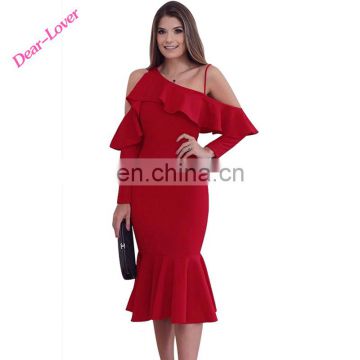 Wedding Red Asymmetric Slope Shoulder Mermaid Ruffle party gowns for girls