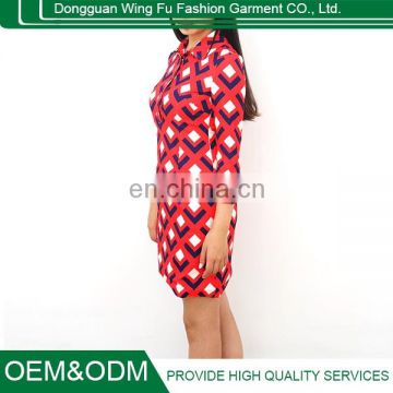 Ladies retro printing red Knitted Cotton shirt style long sleeve lapel dress