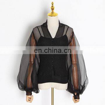 New Fashion Wholesale Elegant Ladies' Organza lantern sleeve with inner cami top shirts Blouse two pieces for women