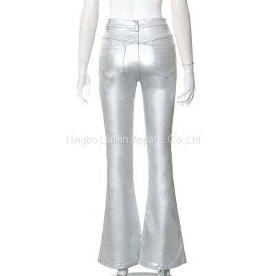 Women Metallic Silver Flare Pant Belted Wide Leg Low Rise Iridescent Flare Jeans photo-4