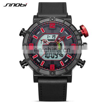 SINOBI Dual Time Men's Watch Multifunctional Dial Leather Band Digital Display Week Display LED Light S9733G  jam tangan Montre