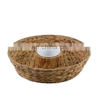 Round Water Hyacinth Wicker Woven Chip & Dip Serving Platter with Bowl, Round Serving Tray for Dessert WHolesale Made in Vietnam