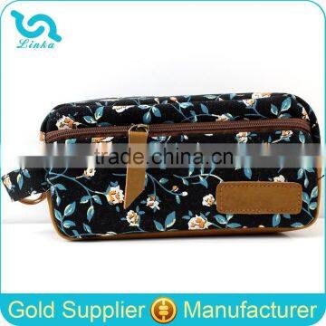 Custom Durable Flower Print Canvas Pencil Pouch Black Pencil Pouch For Students