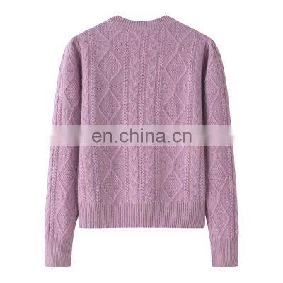 Women's 100% Pure Cashmere O-Neck Pullover Solid Color Jacquard Thickened Crew Neck Sweater for Winter Casual Style Front Logo