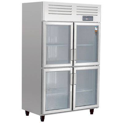 Refrigerador mostrador de bebidas de doble puerta de cristal de acero inoxidable, frigorífico vertical de estilo europeo con cuatro pequeñas puertas de cristal