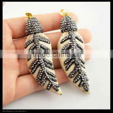 LFD-0094P OX Bone Carved Leaf Charms Pendants Necklace Crystal Rhinestone Paved Fashion Jewelry