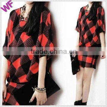 Custom Latest Red Plaid Casual Dress Batwing Sleeve Dress for Lady