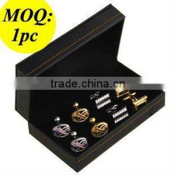 Fashion Padded Cover Black Leather 4-pair Cufflink Box